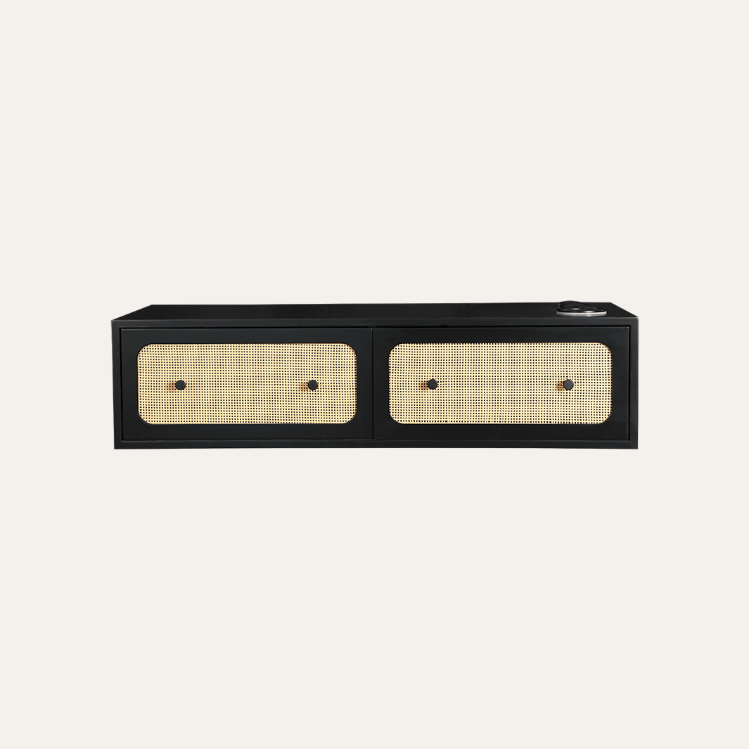 Black and beige wall-mounted shelf with rattan design on a light gray background