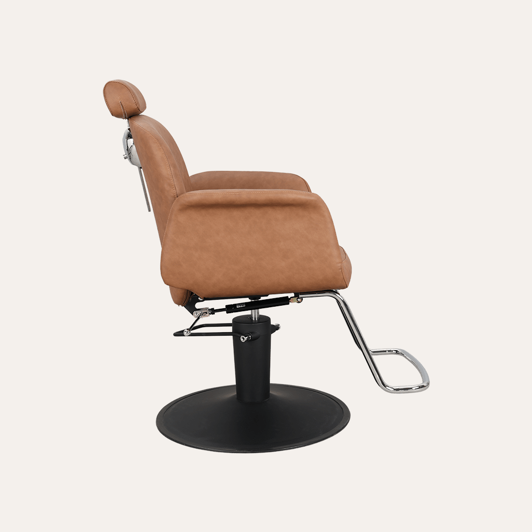 Brown barber chair with black base on a white background