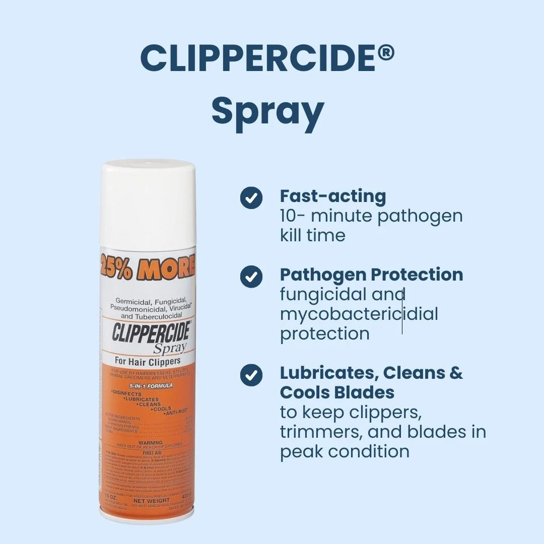 Clippercide Spray can shown on a light blue background with marketing text and bullet points about fast-acting pathogen protection and lubrication/cleaning benefits.