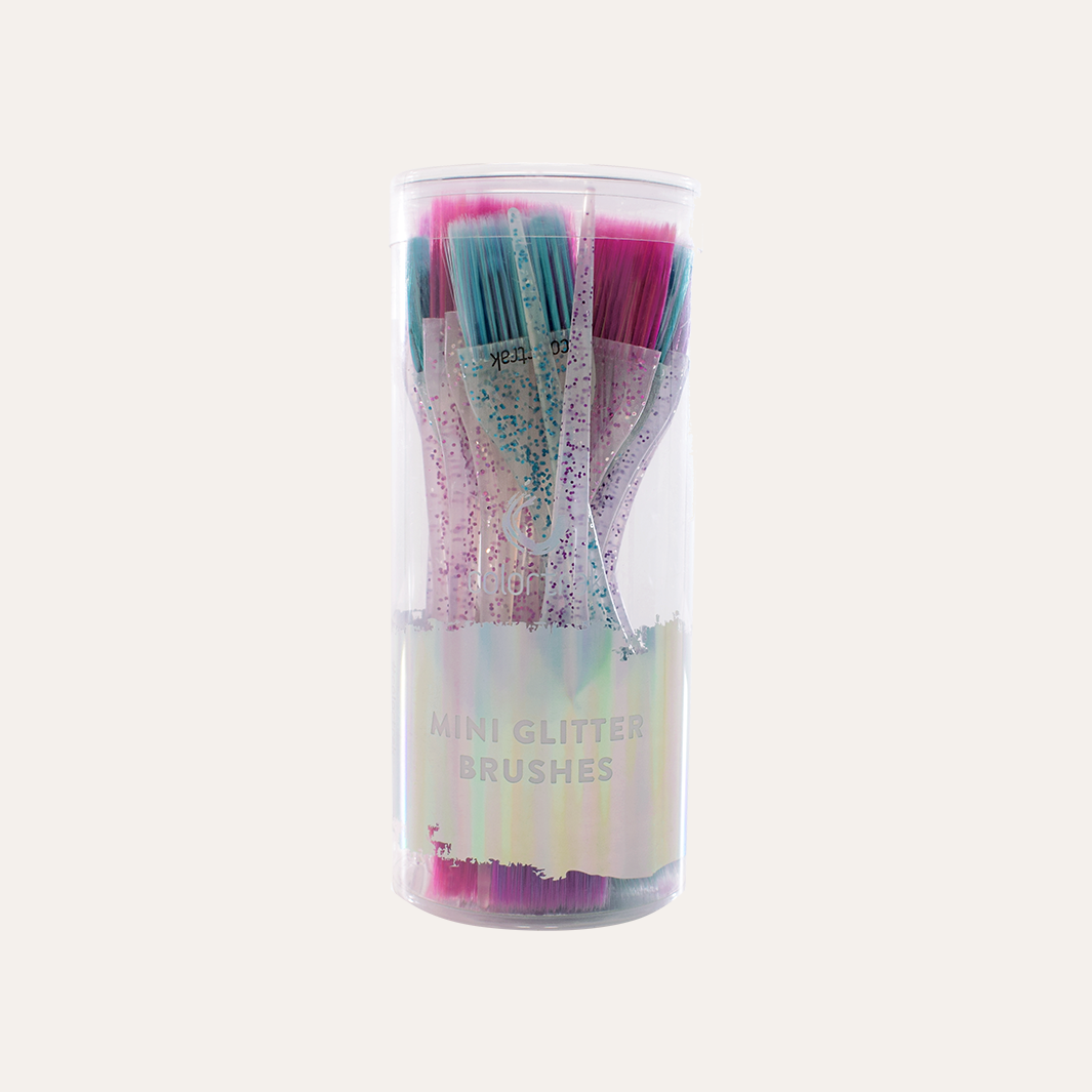 Front view of the clear 24-count Mini Glitter Brushes canister
