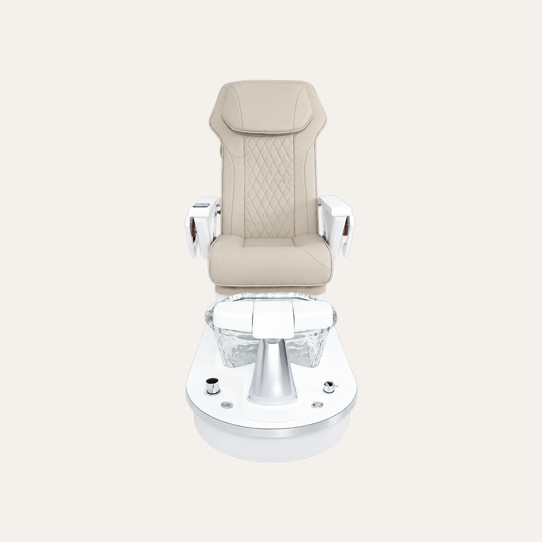A modern pedicure spa chair with a beige quilted leather seat and armrests, mounted on a white and chrome base with a clear glass foot basin, shown against a solid off-white background.