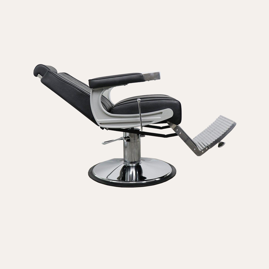 Black Adams Barber Chair with chrome footrest