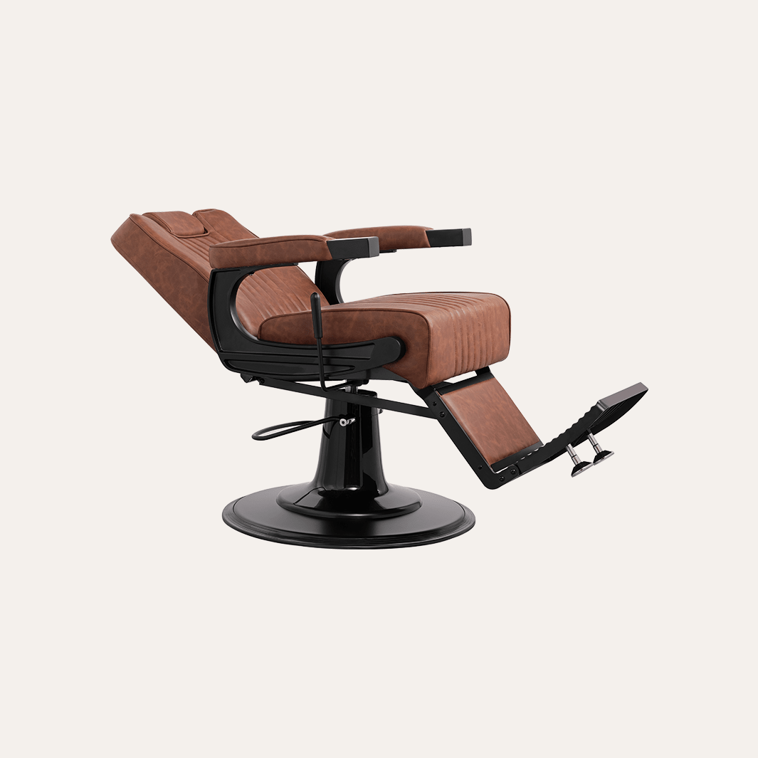 reclining brown barber chair with black base on a white background