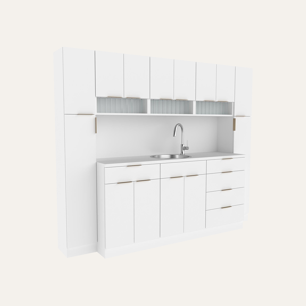 96 Config A Color Dispensary with Sink and Flanking Tall Storage Cabinets