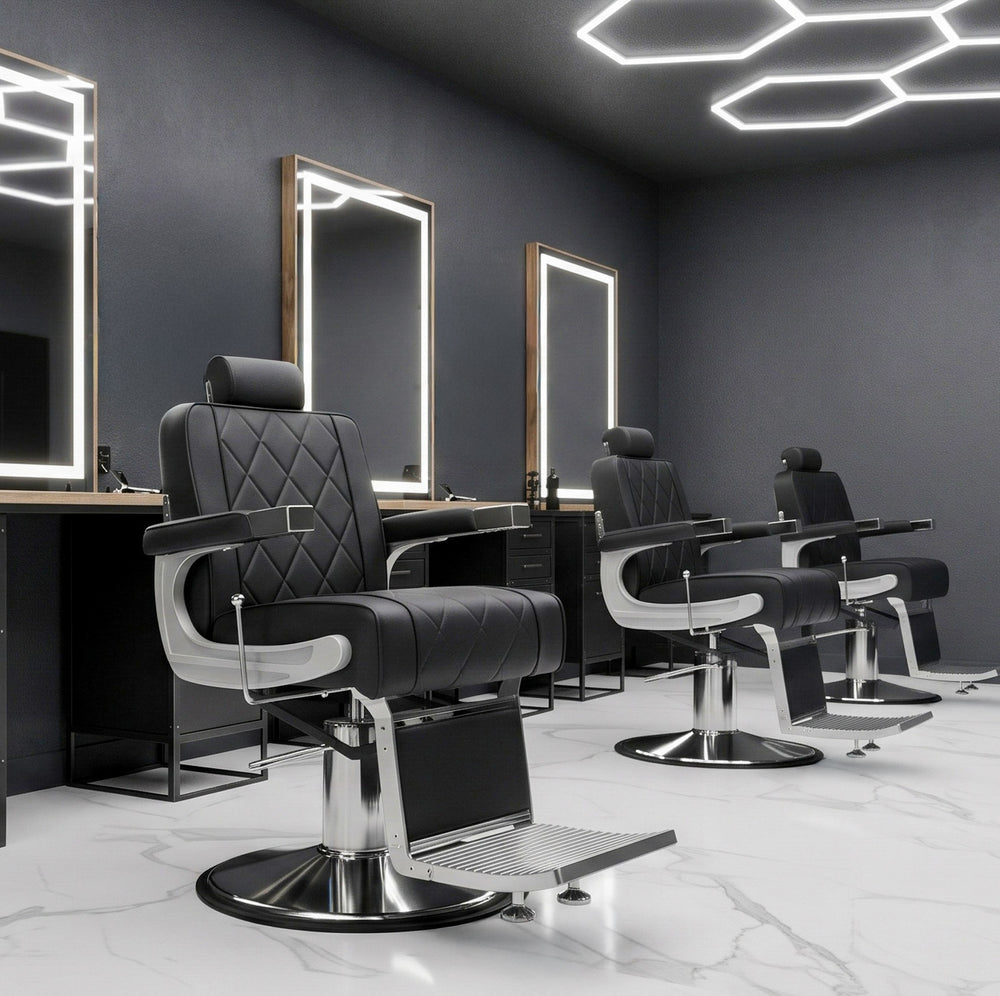 Modern barber shop interior with black leather chairs and mirrors 