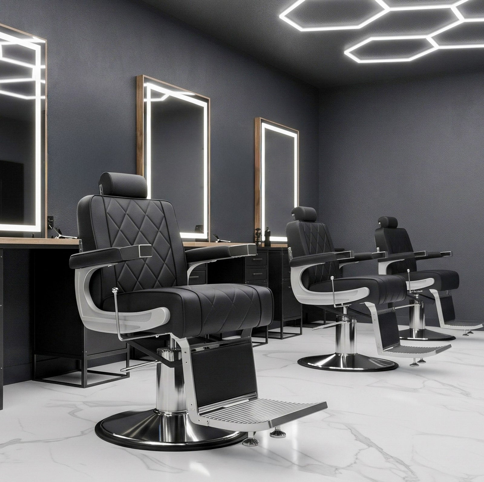 Modern barber shop interior with black leather chairs and mirrors 