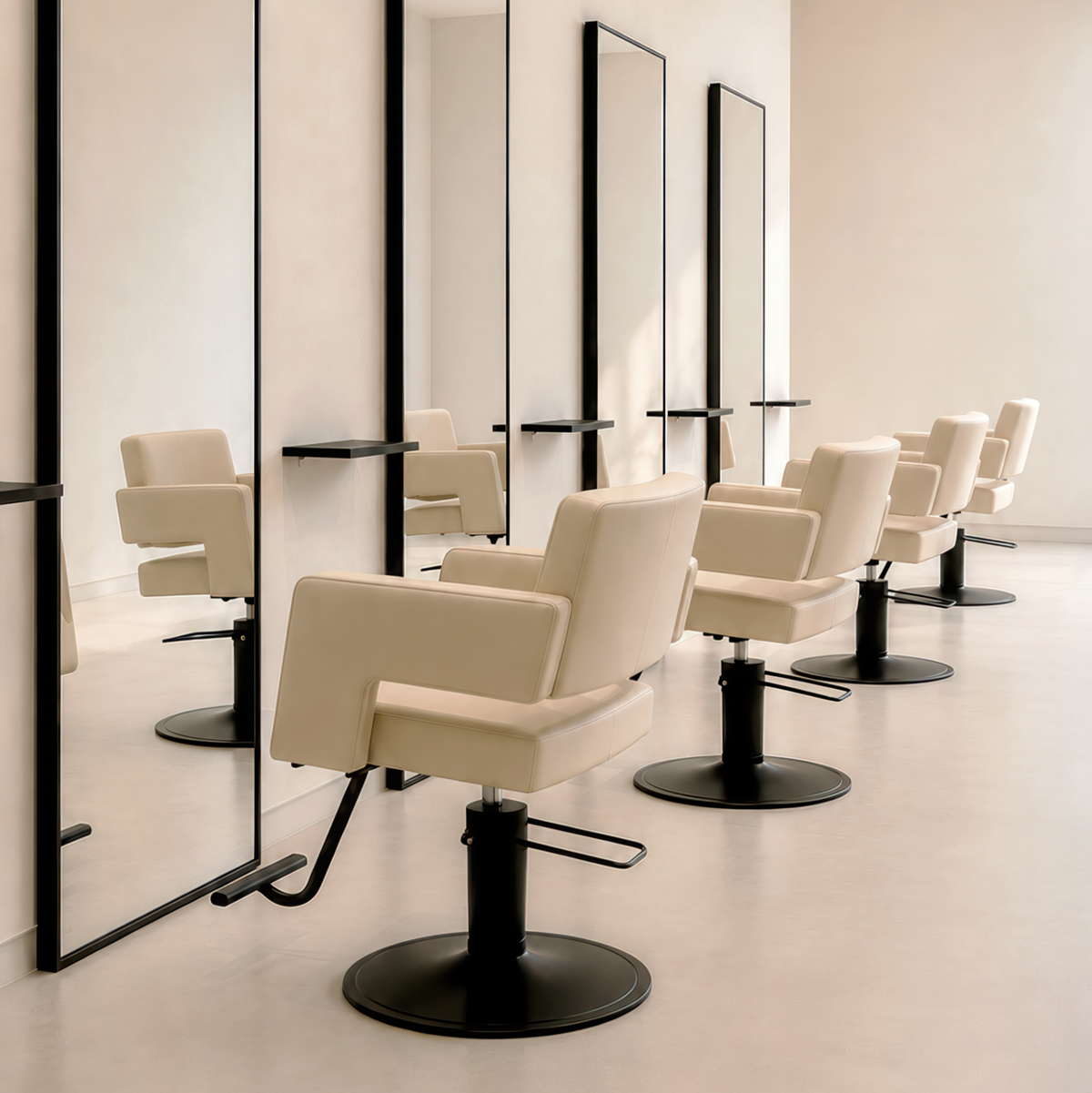 Salon with beige chairs and large mirrors on a light background