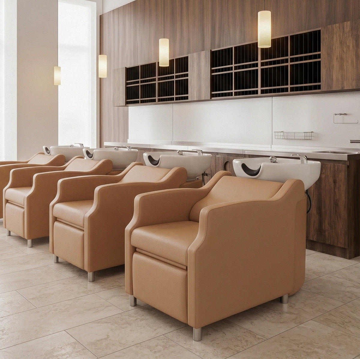 Salon shampoo station with cappuccino color shampoo units and a mocha brown color bar