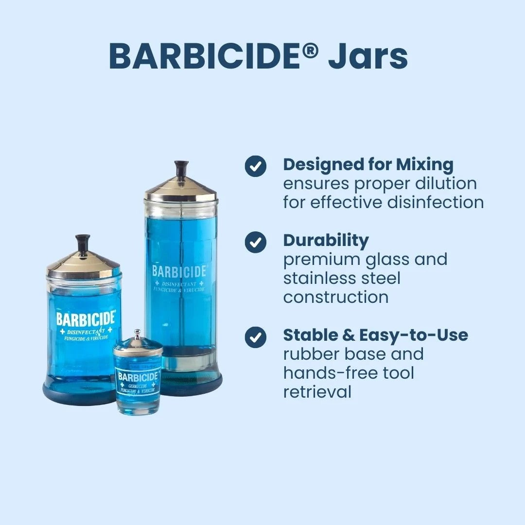 Three blue Barbicide disinfectant jars with silver lids on a light blue background, accompanied by product feature text.