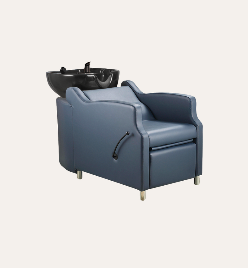 Blue salon chair with a black basin on a white background