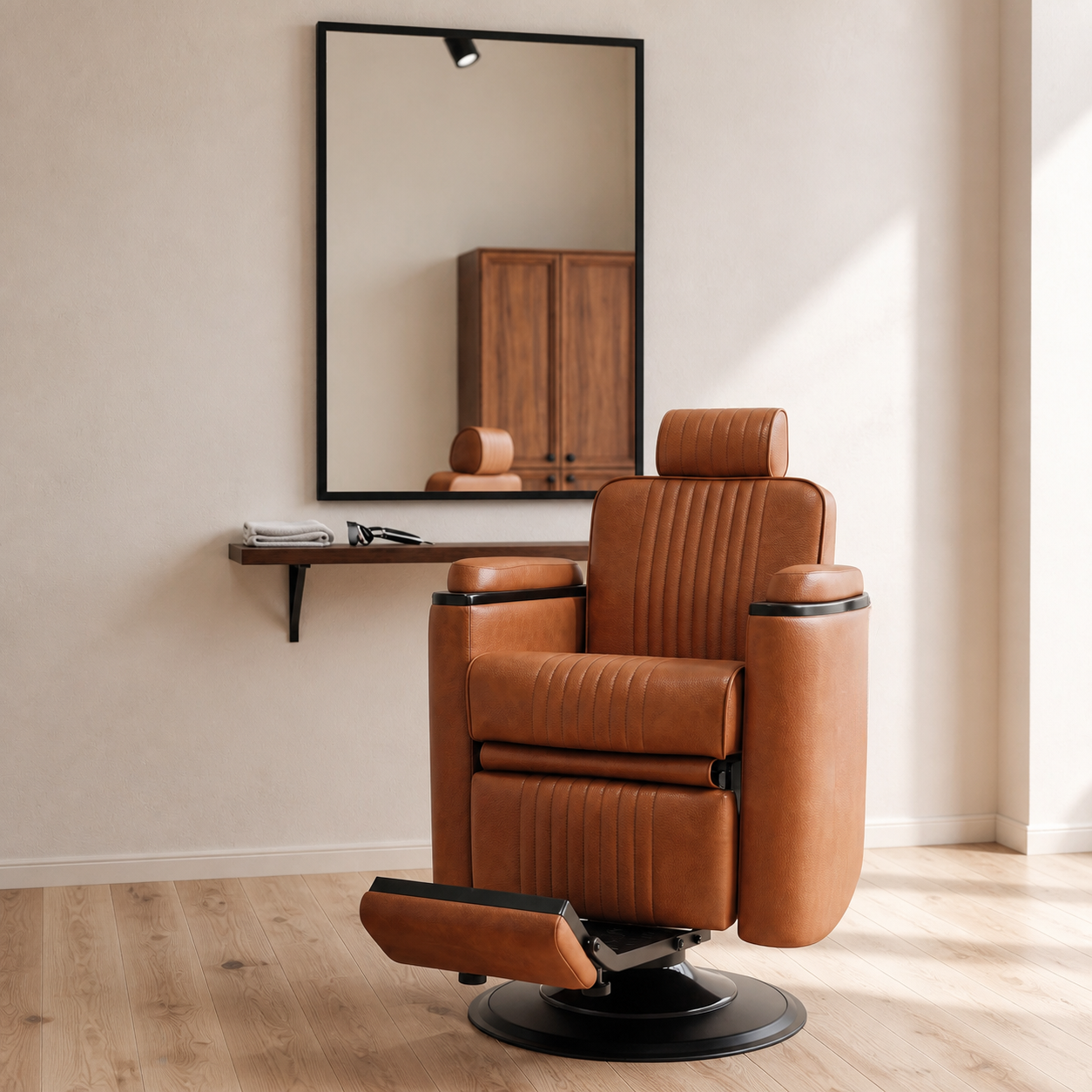 Signature collection barber chair; Barrel Barber Chair in Camel