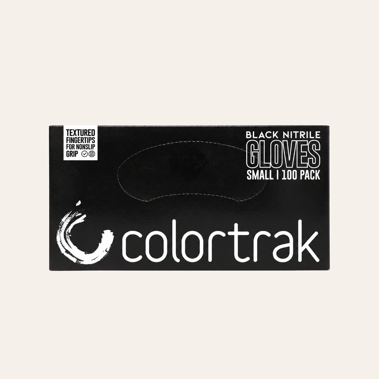 Front view of the Colortrak Black Nitrile Gloves Small 100-pack box on a #F6F0EB background