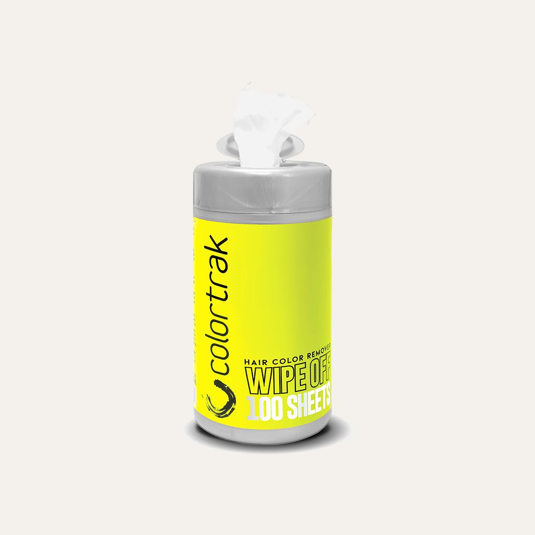 Open Wipe Off canister with a remover wipe pulled out on a teal background