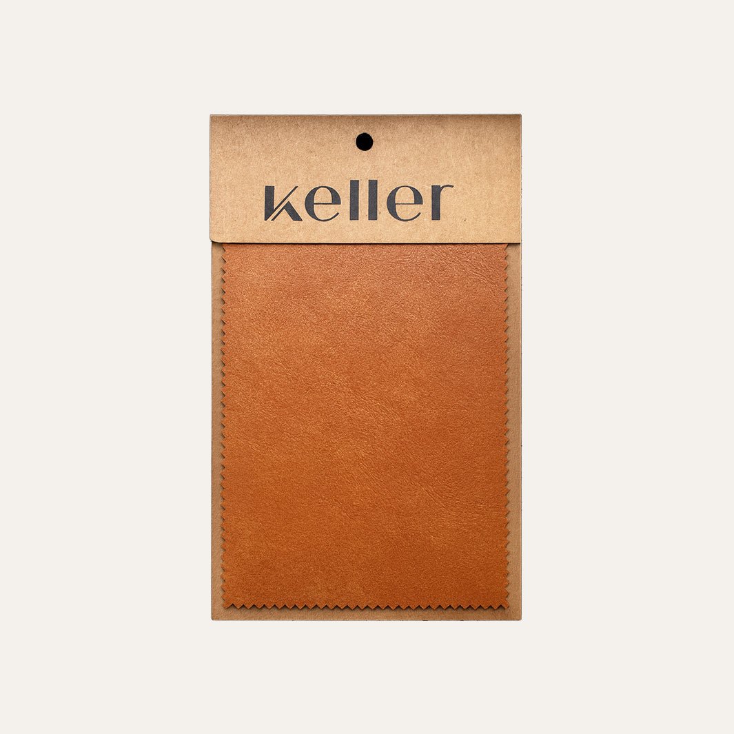 camel leather swatch with 'keller' branding on a white background