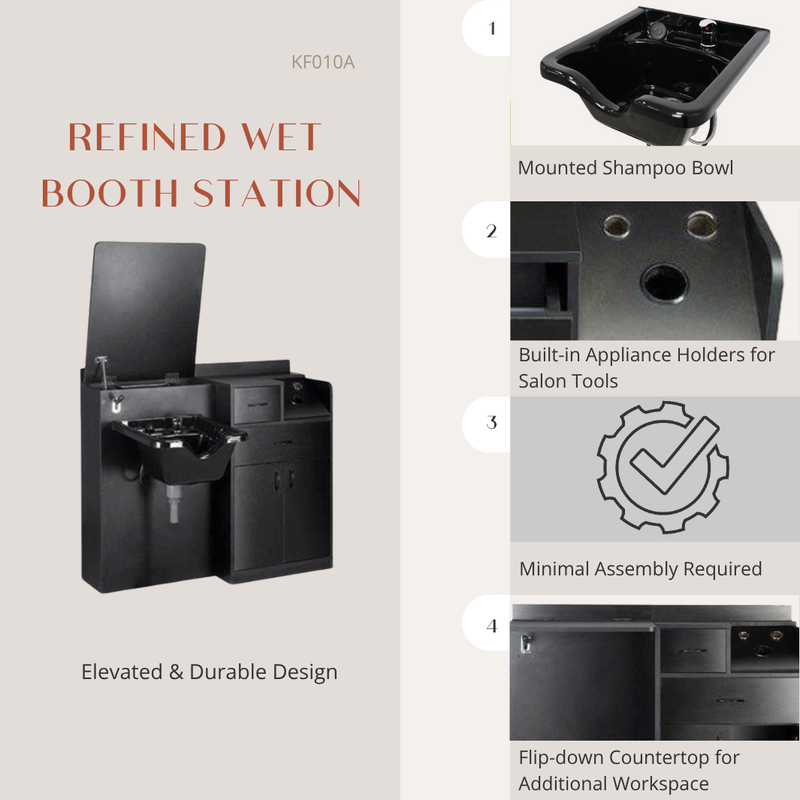 Refined wet booth station with features listed on a gray background