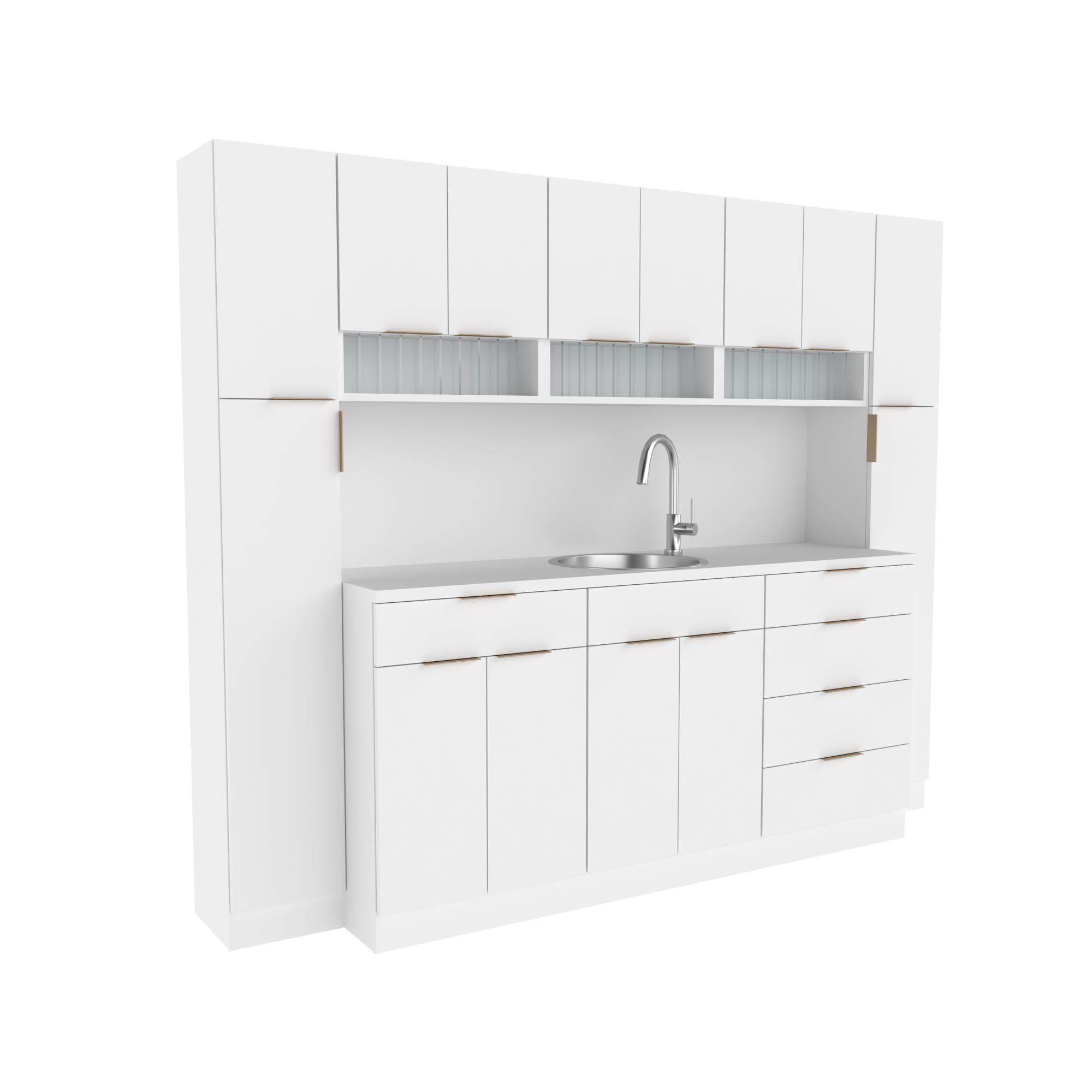 Collins 96 inch salon color dispensary with sink and flanking tall storage cabinets E1139-96