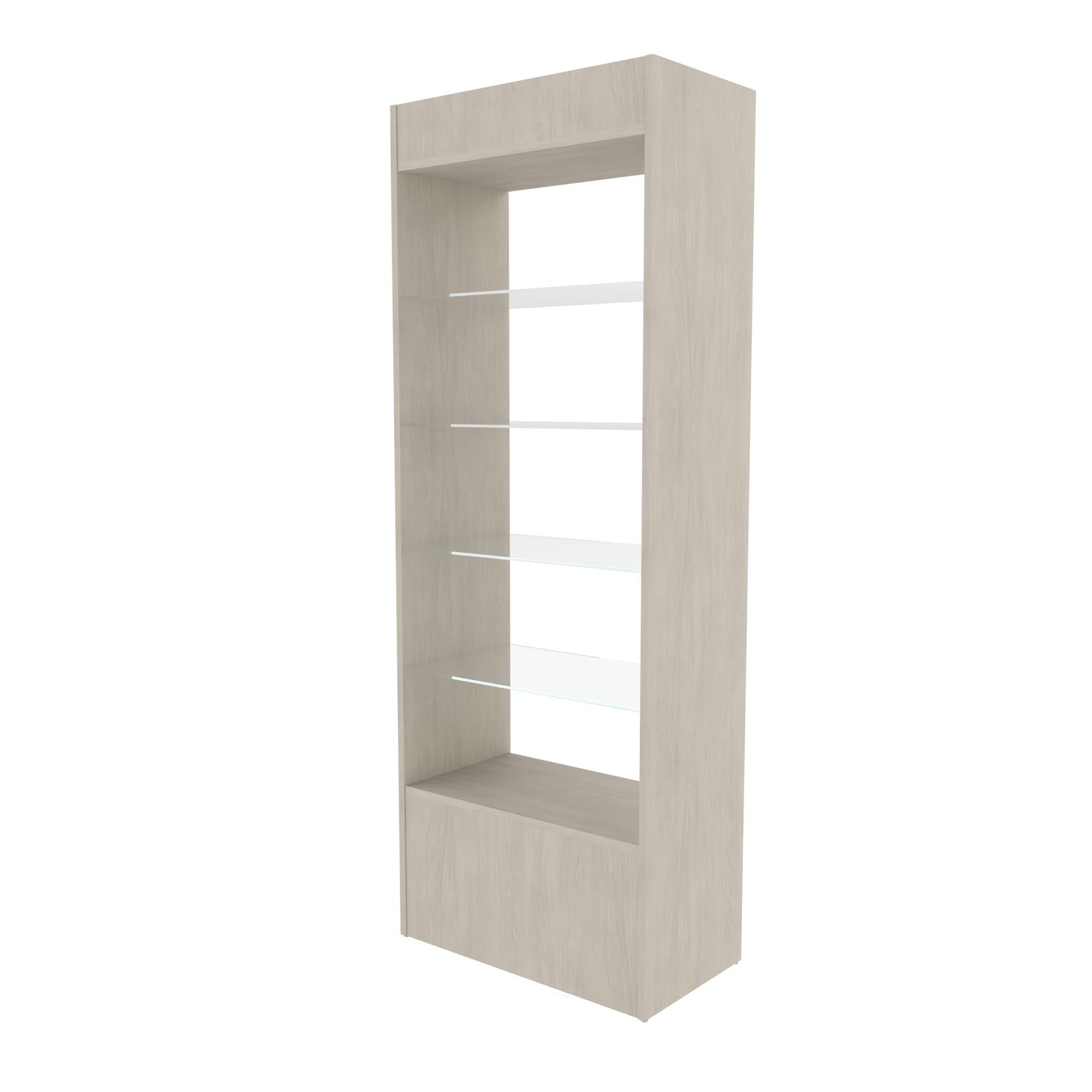 Collins Finley salon retail display with tempered-glass shelves E1171