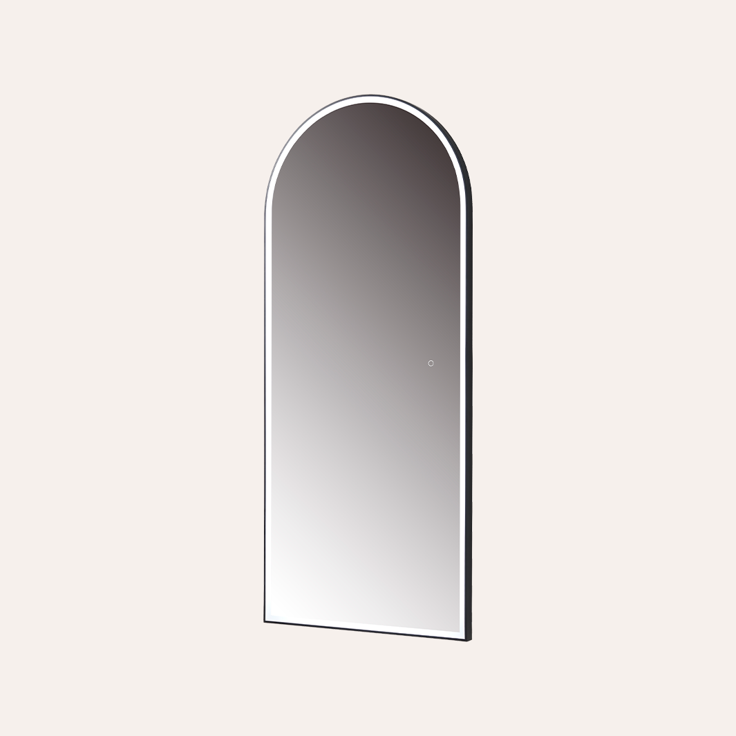 An arched rectangular wall mirror with a slim black frame, shown against a solid off-white background.