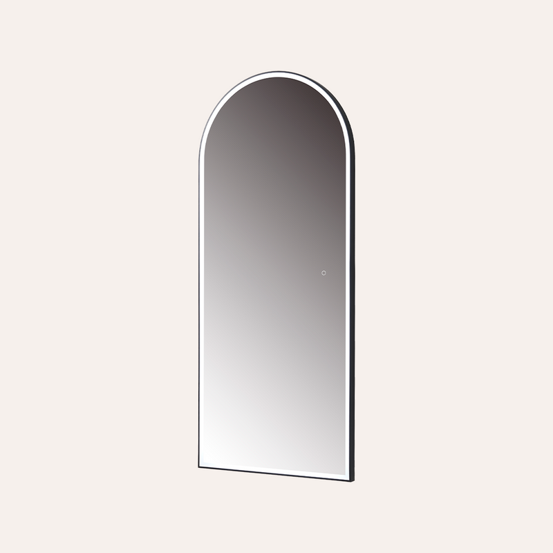 An arched rectangular wall mirror with a slim black frame, shown against a solid off-white background.