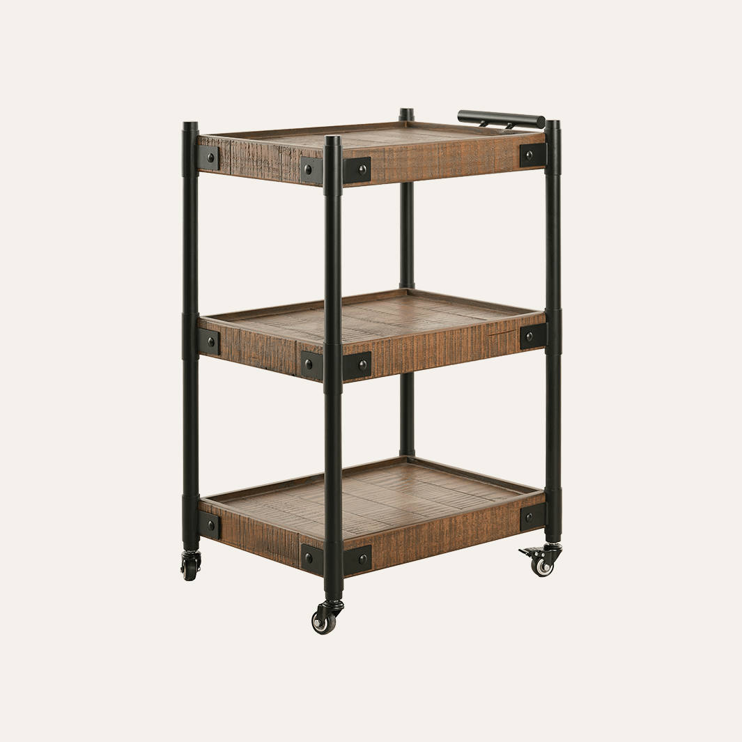 Three-tiered serving cart with wicker-like finish and metal frame on a white background
