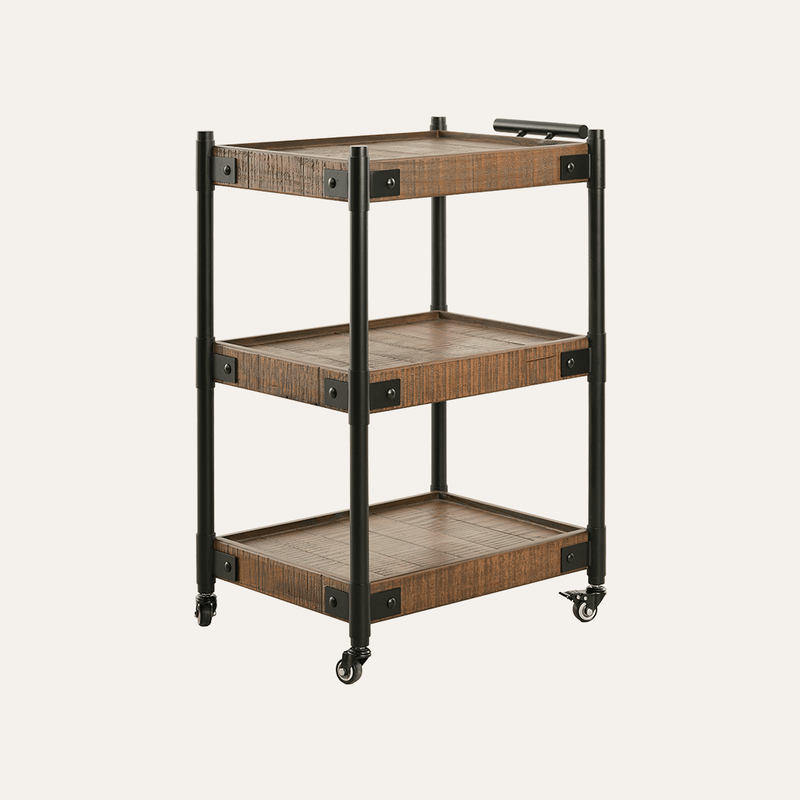 Three-tiered serving cart with wicker-like finish and metal frame on a white background