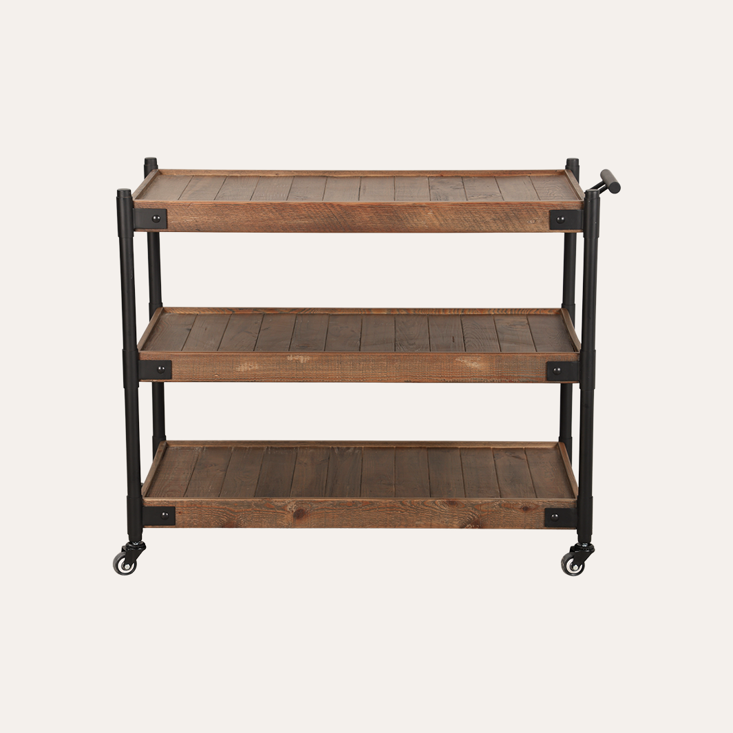 A three-tier rolling utility cart with rustic brown wood shelves and a black metal frame with casters