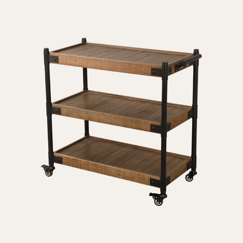 A three-tier rolling utility cart with rustic brown wood slat shelves and a black metal frame with casters, shown on a light off-white background.