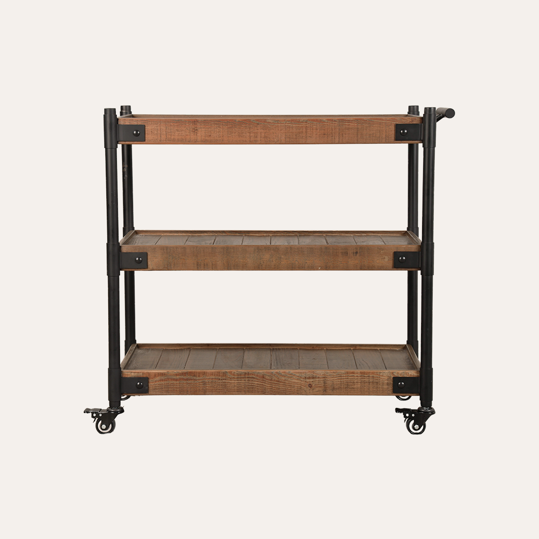 A three-tier rolling utility cart with rustic brown wood shelves and a black metal frame with casters, shown against a solid off-white background.