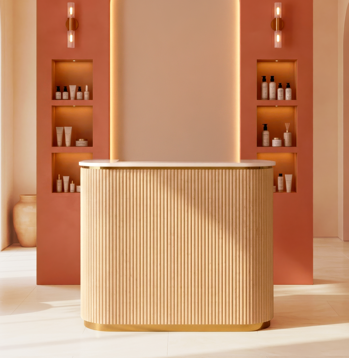 Modern interior with a beige natural oak wooden reception desk counter