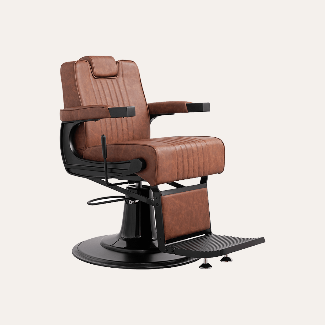 Brown barber chair with black base on a white background