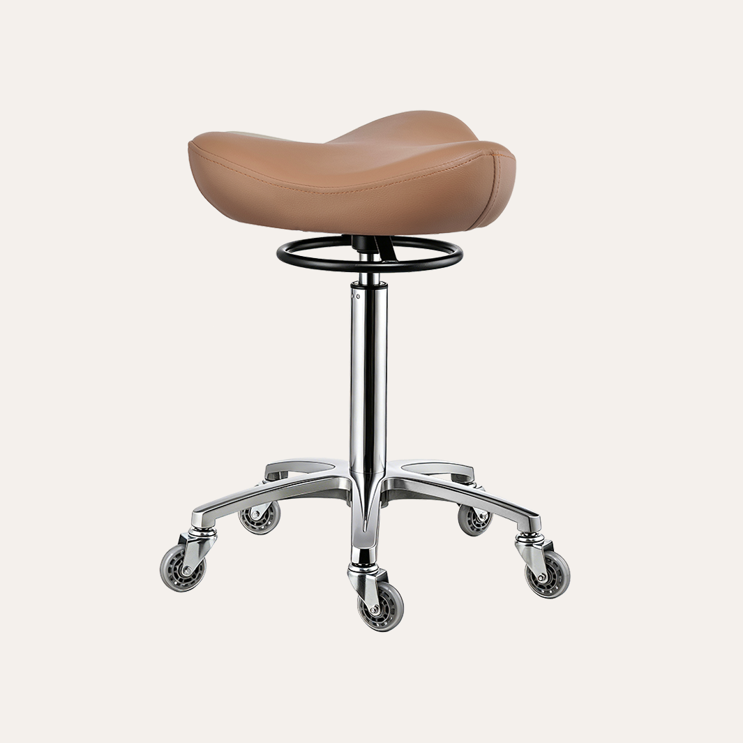 Brown saddle-style stool with chrome base on a white background