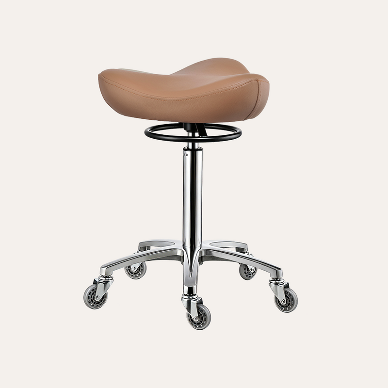 Brown saddle-style stool with chrome base on a white background
