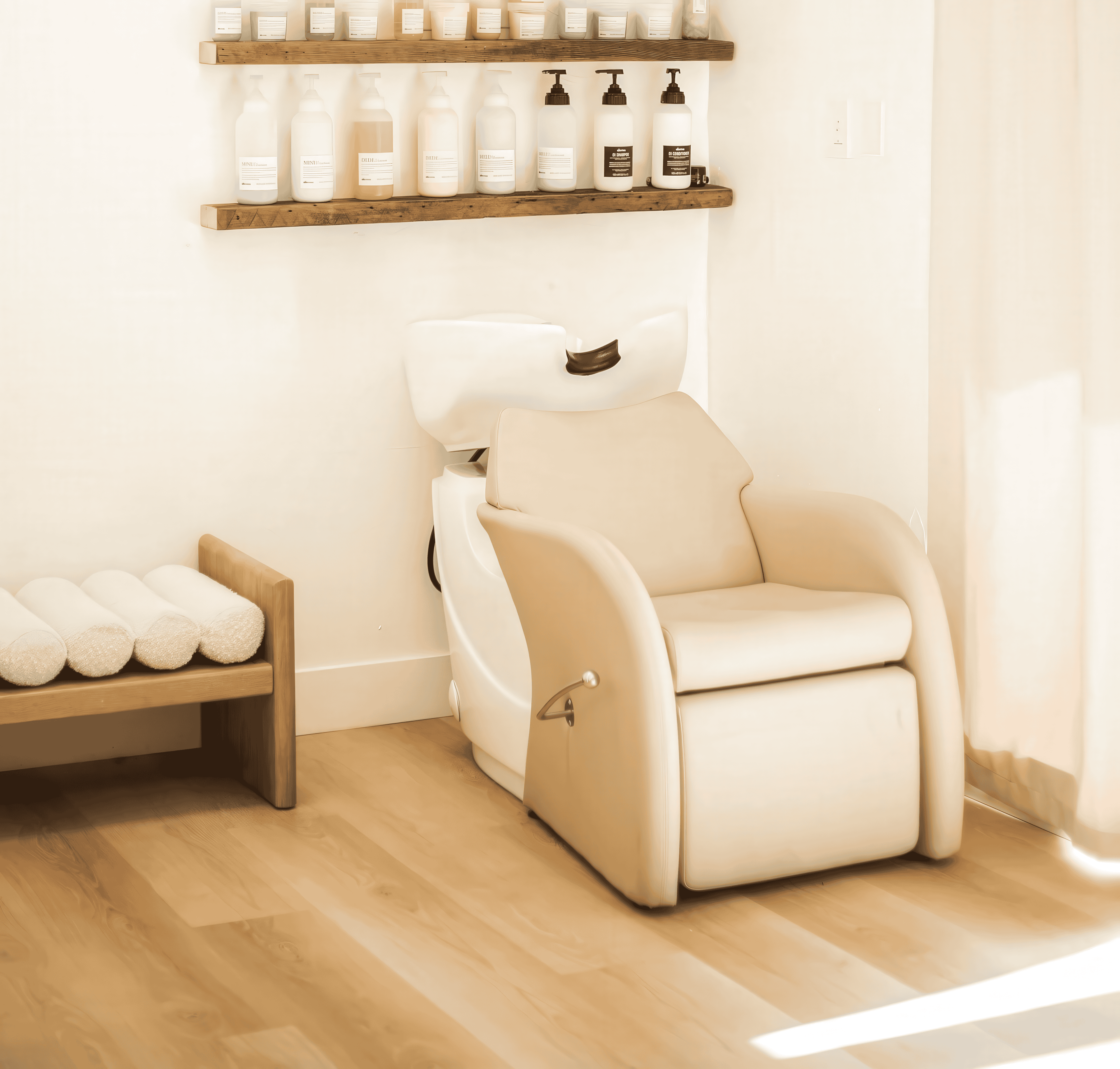 A cream-colored reclining spa shampoo chair, placed in a bright, minimalist spa room with light wood floors, a wooden shelf with bottles, and a towel bench.