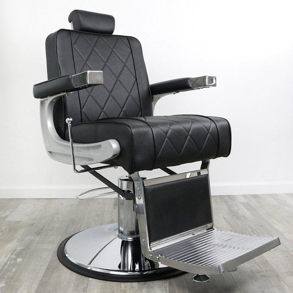 Black Adams Barber Chair with chrome footrest